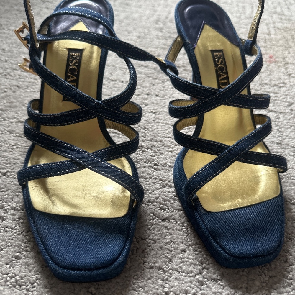 Escada Denim & Gold Whipstitch Strappy High Heel Sandals Size 7.5B - Picture 5 of 5